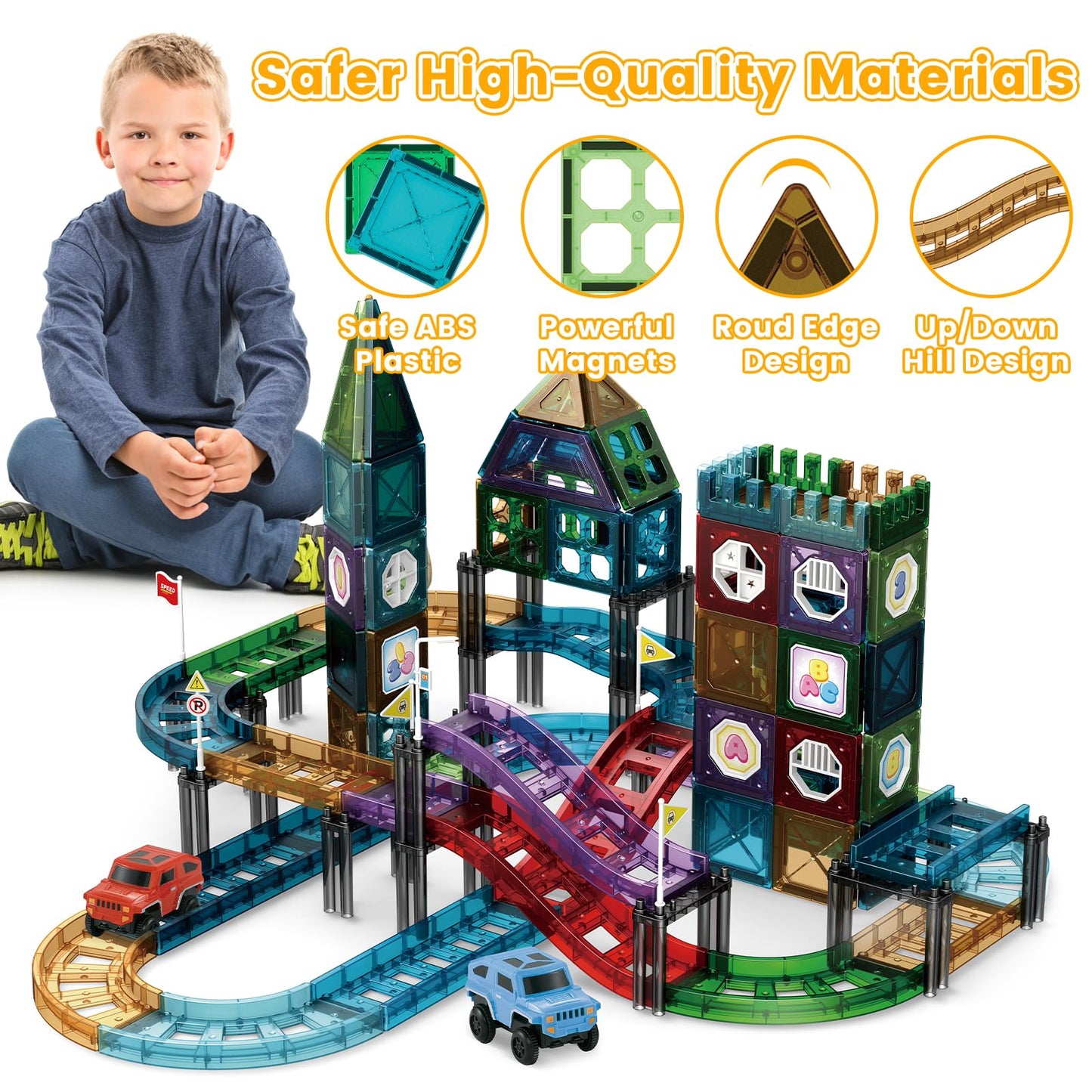 JONRRYIN 131 Piece Magnetic Building Blocks Car Race Track, Magnetic Building Blocks Set 3D Racing Car Track Magnetic Building Blocks Kids with 2 Toy Cars, Educational Toy for Children 3 Years and Up