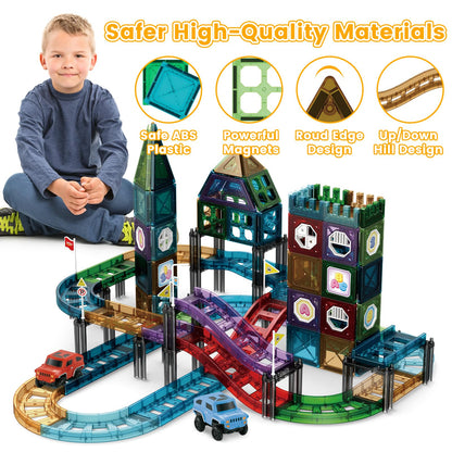 JONRRYIN 131 Piece Magnetic Building Blocks Car Race Track, Magnetic Building Blocks Set 3D Racing Car Track Magnetic Building Blocks Kids with 2 Toy Cars, Educational Toy for Children 3 Years and Up