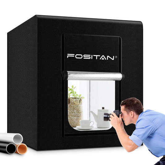 FOSITAN 80x80x80cm photo studio dimmable 126pcs LED lighting photo box 5500±200K (CRI≥95) light tent with 3 backgrounds (white, black, orange) for professional photography.