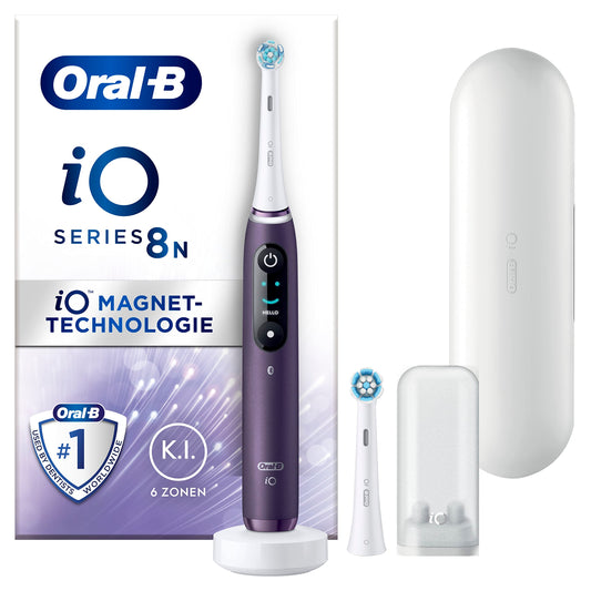 Oral-B iO Series 8 Electric Toothbrush, 2 brush heads, 6 cleaning modes, color display & travel case, gift for men/women, Designed by Braun, violet ametrine.