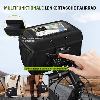 Lesolph handlebar bag for bike with handlebar adapter for bicycle and e-bike, 6L bike handlebar bag waterproof front bike basket accessory with phone holder, touchscreen, and removable shoulder strap.