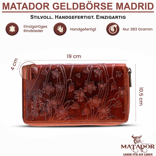 MATADOR Women's Large Leather Wallet #Madrid with elegant Gift Box, Stylish Women's Wallet Large with RFID Blocker, Luxury Women's Wallet with Many Card Slots in Floral Brown.