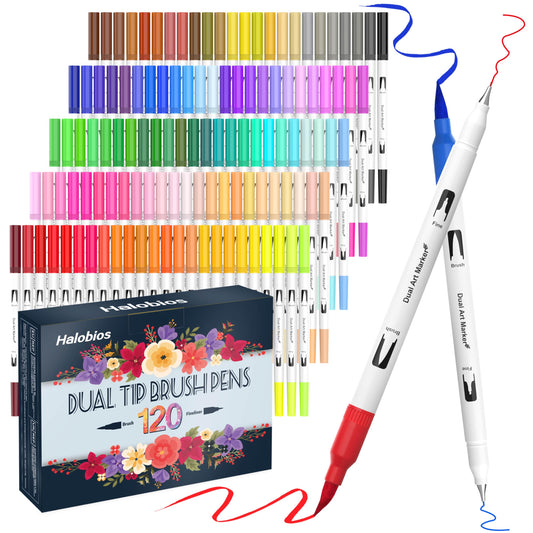 Halobios 120 Colors Dual Brush Pen Set, felt tip pens for kids and adults, coloring books, sketching, drawing, calligraphy, greeting cards - gift set