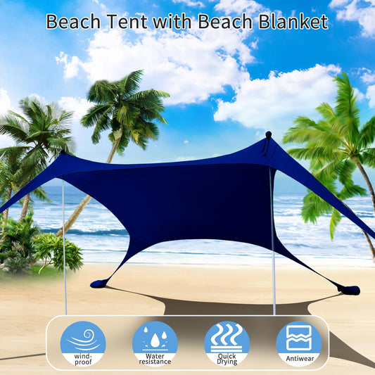 Cuupo Beach Tent, Pop-Up, 2x2.1m, SPF 50, Lycra, sun protection, outdoor, anti-wind, sun shelter with stability poles, backyard with beach blanket Navy Blue