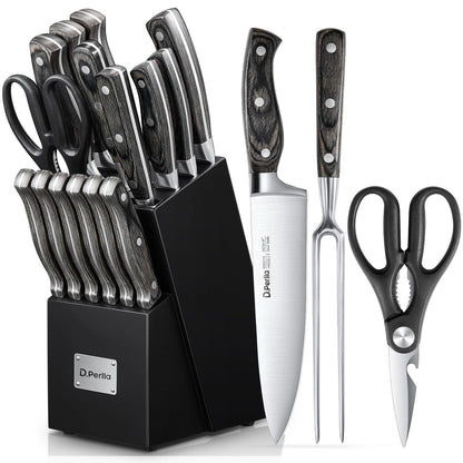 D.Perlla knife block, 16-piece knife set with wooden handles, stainless steel kitchen knives set with wooden block, professional chef's knives with sharpening steel, black. Perfect gift for Mother's Day.