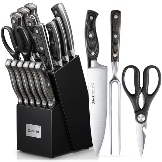 D.Perlla knife block, 16-piece knife set with wooden handles, stainless steel kitchen knives set with wooden block, professional chef's knives with sharpening steel, black. Perfect gift for Mother's Day.