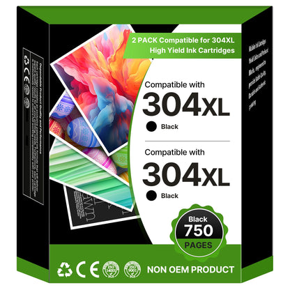 304 XL Black Ink Cartridges Multipack Compatible for HP 304 304XL Black Ink Cartridges for HP Envy 5000 5030 5010 5020 5032 Deskjet 3750 3760 2620 2622 2630 3720 3730 3760 3762 3735 (2 Black)