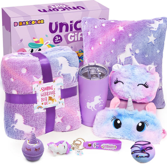 Taco bear unicorn gifts for girls aged 5-11 years old. Includes unicorn blanket, glow-in-the-dark pillowcase, stainless steel thermos, bath bombs, shoulder bag, eye mask. Perfect birthday gift for girls.