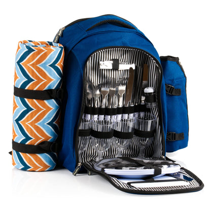 CampFeuer picnic backpack 32-piece | Picnic set for 4 people | Blue | with bottle holder, picnic blanket, cooler compartment, and camping dishes | Leisure backpack, camping backpack