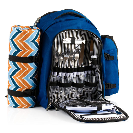 CampFeuer picnic backpack 32-piece | Picnic set for 4 people | Blue | with bottle holder, picnic blanket, cooler compartment, and camping dishes | Leisure backpack, camping backpack