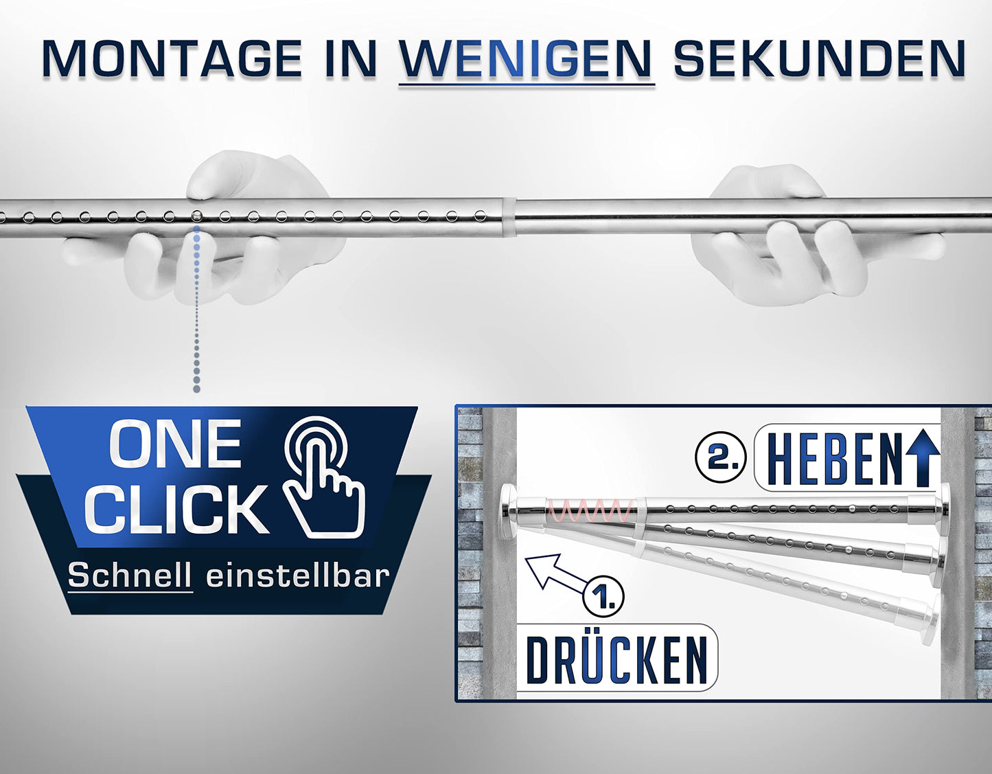 MEISENBERG Shower Curtain Rod without drilling 160-210cm, Silver, Ø 25 mm, Telescopic Curtain Rod Clips - Telescopic Rod for windows, showers and partitions.