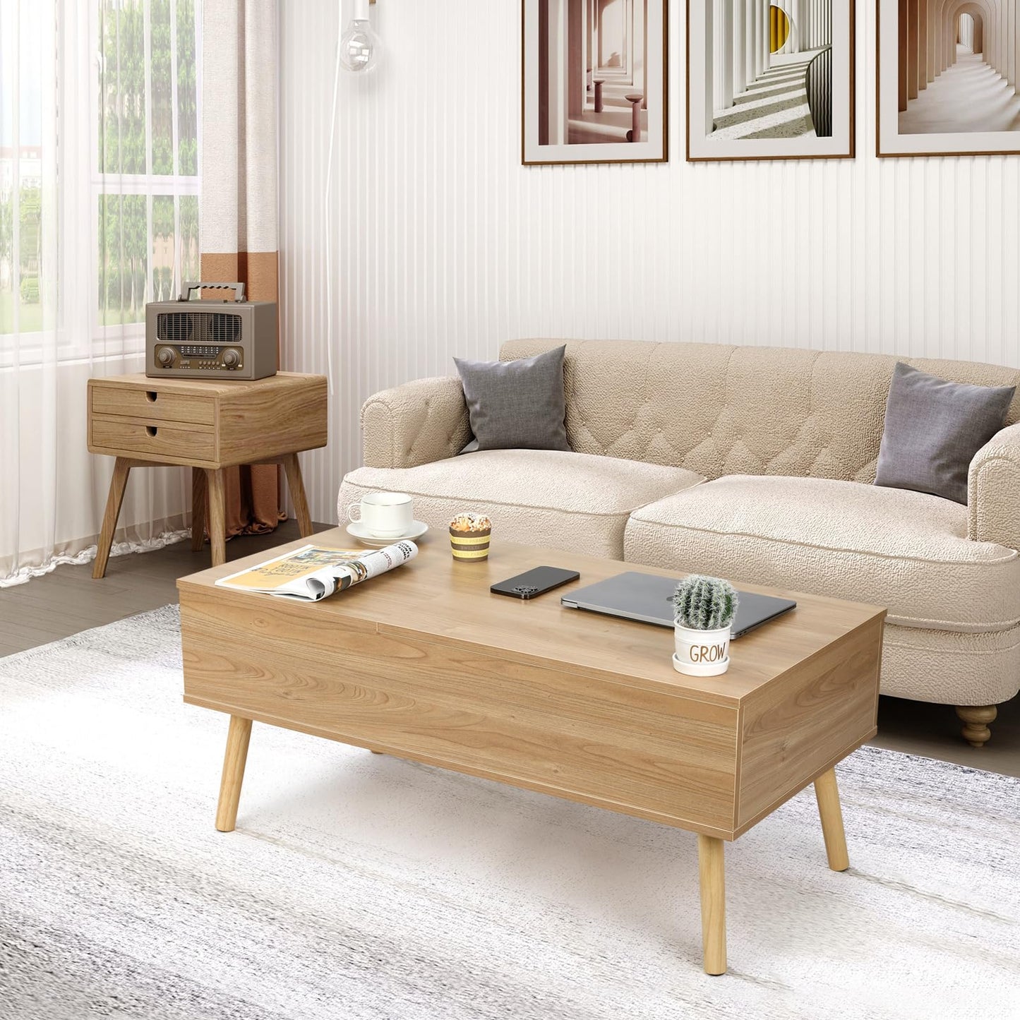 VOWNER coffee table, height adjustable, extendable, retractable living room table, separate hidden storage compartment, double lifting plate, wood color.
