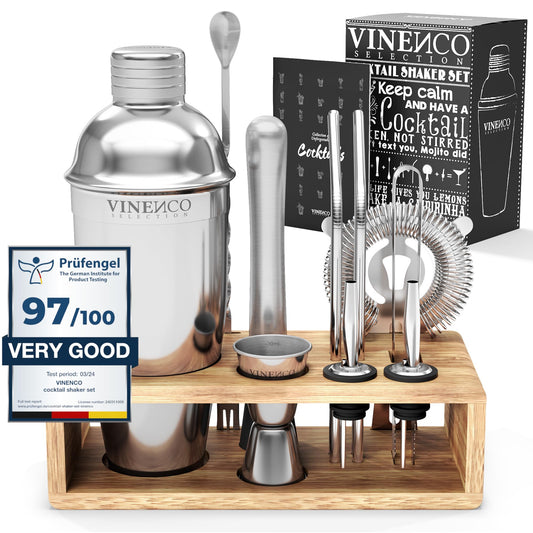 Cocktail shaker set with stand & recipe book: Premium stainless steel bar cocktail set cocktail shaker jigger straws bar spoon muddler | Bartender bar set cocktail accessories gift women men