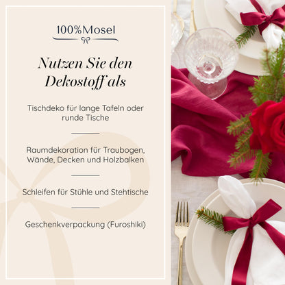 100% Mosel Muslin decorative fabric, in Bordeaux Red (48 cm x 5 m), 66 g/m², very thin table runner, Elegant table decoration for wedding & Christmas, Table ribbon as decoration for special occasions.
