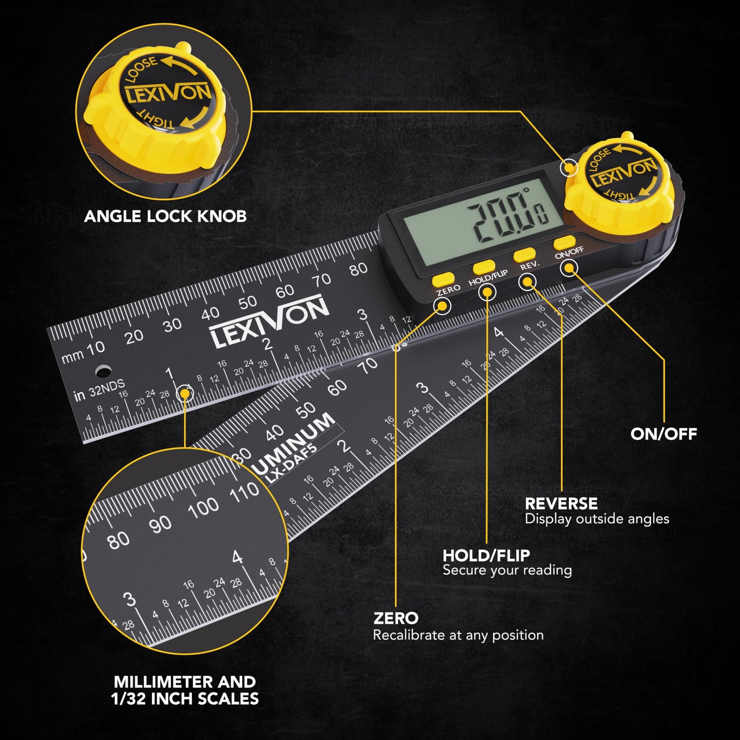 LEXIVON Digital Protractor made of aluminum, 130mm, Digital Angle Finder Multi-Purpose Angle Measuring Tool, includes XL display and durable zippered pouch (LX-DAF5)