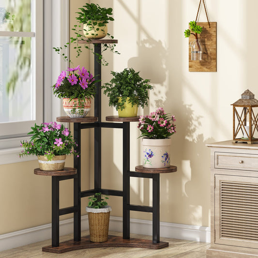 Tribesigns flower stand, plant shelf indoor, 6 levels flower rack indoor, metal plant stand flower rack pot for living room, balcony, garden, rustic brown