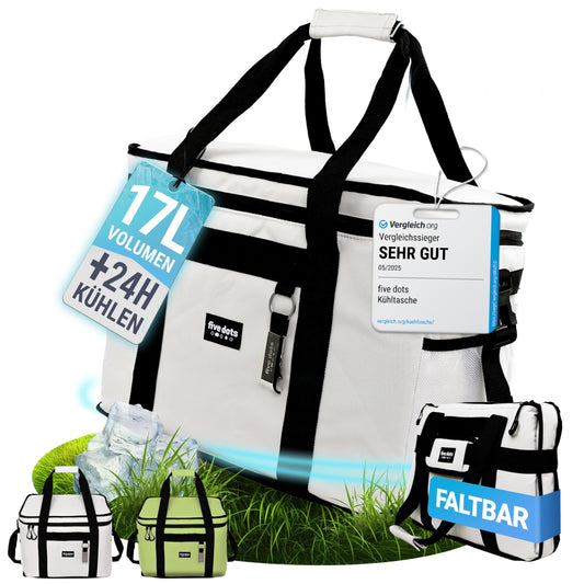 Five dots Cooler Bag, foldable 20L + 24h cooling, perfect for shopping, ideal for car & work - Insulated thermal bag lunch bag & picnic bag - Large cooler bag - Men's lunch bag - Lunch bag