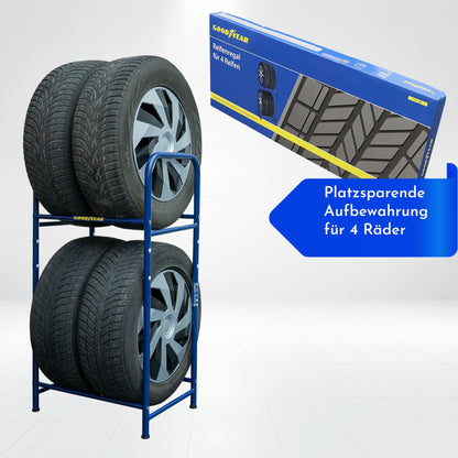 Goodyear tire rack for 4 tires, space-saving storage, height-adjustable, 2 levels, maximum load capacity up to 120 kg, blue.