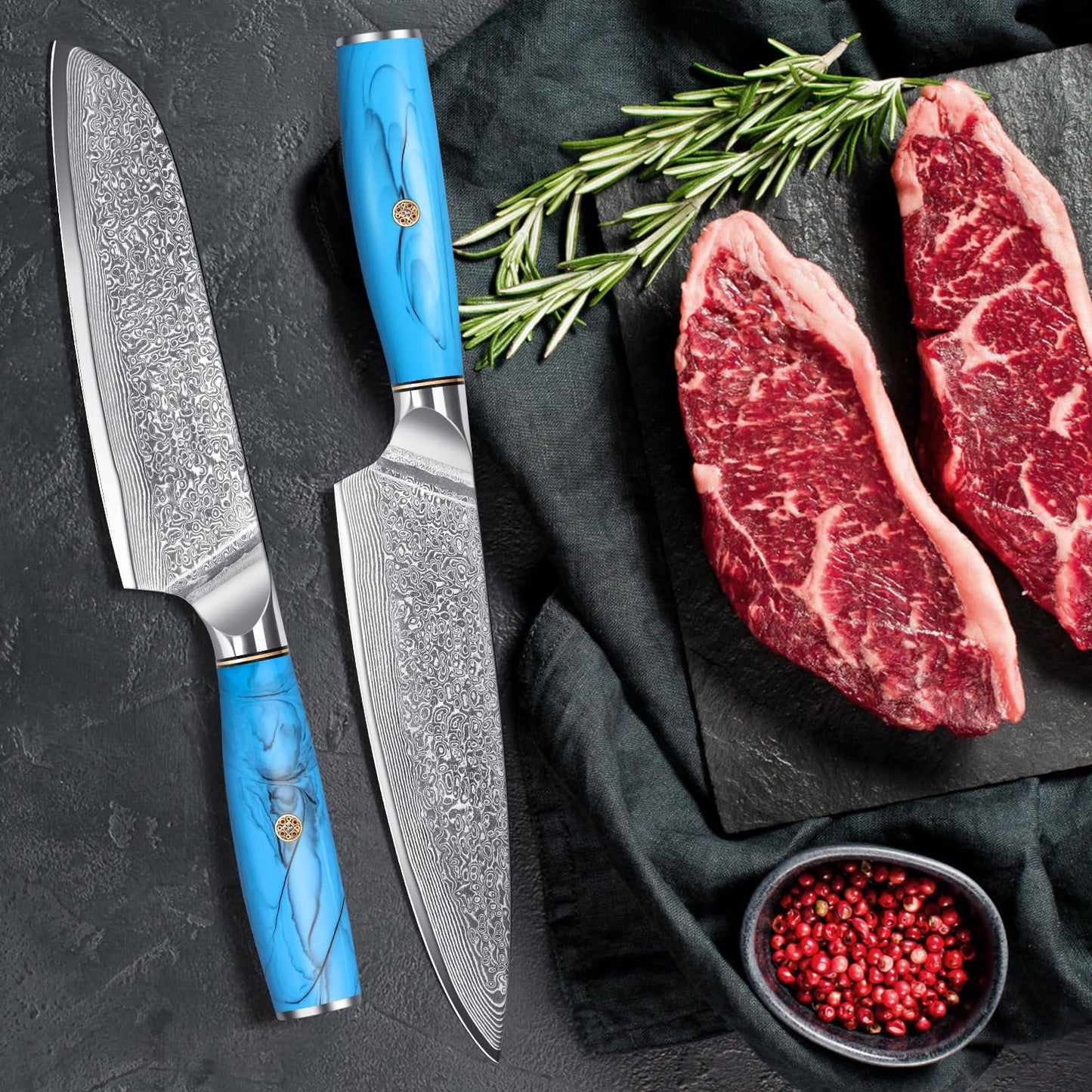 Home safety 2-piece damascus knife set, damascus santoku knife set kitchen knife set made of 67 layers of VG-10 damascus steel, professional damascus chef knife set with ergonomic natural resin handle, gift box.