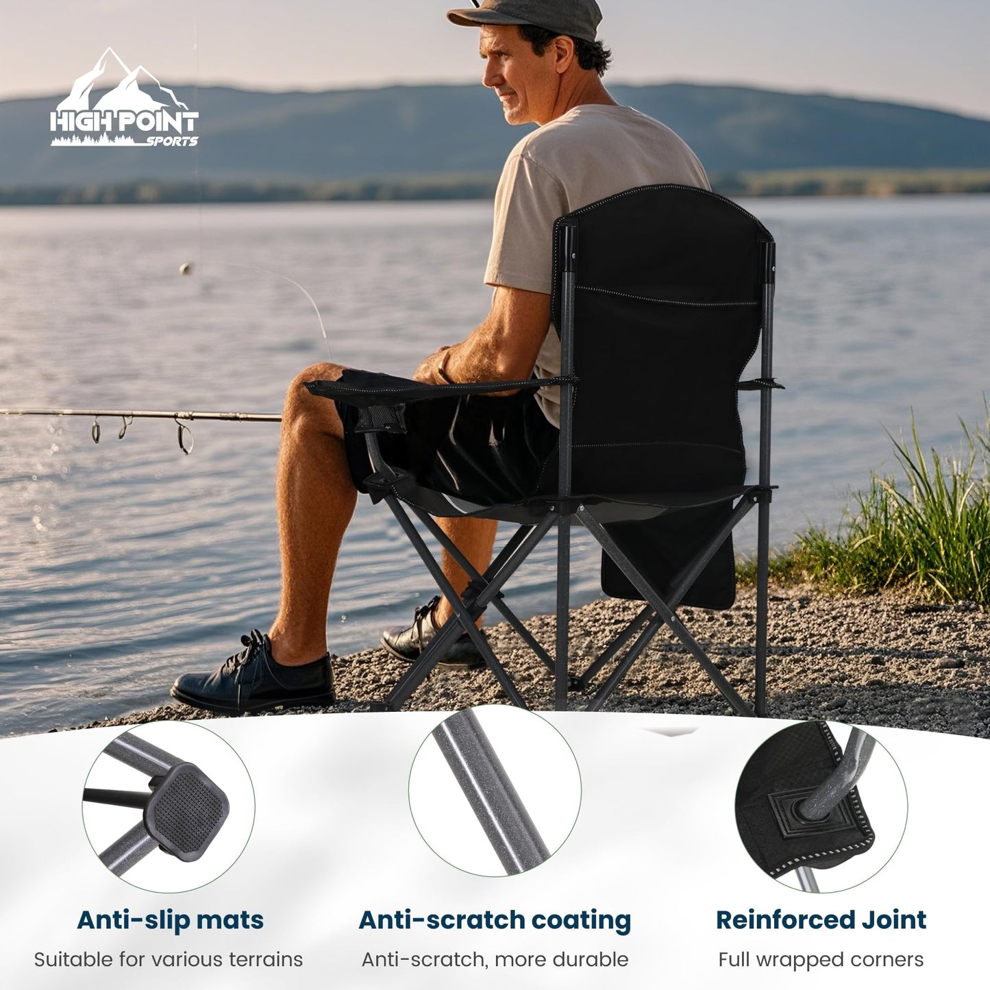 HIGH POINT SPORTS Folding Camping Chair up to 160kg Camping Seat Foldable Chair with Cup Holders Foldable Camping Chair Fishing Chair Foldable.