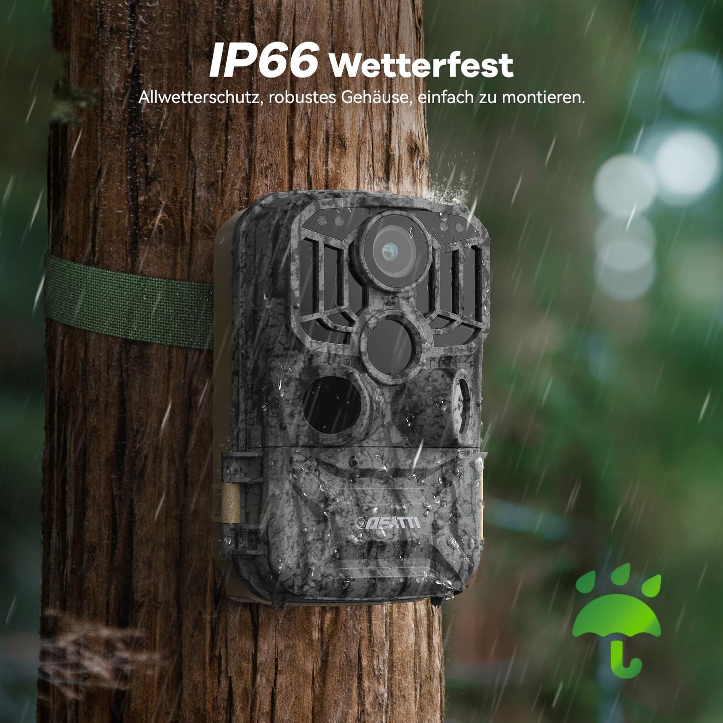 DEATTI trail camera with mobile transmission app, 4K 48MP HD WiFi Bluetooth trail camera with motion sensor night vision, 120° wide angle wildlife camera, IP66 waterproof, 32GB SD card and 8AA batteries.