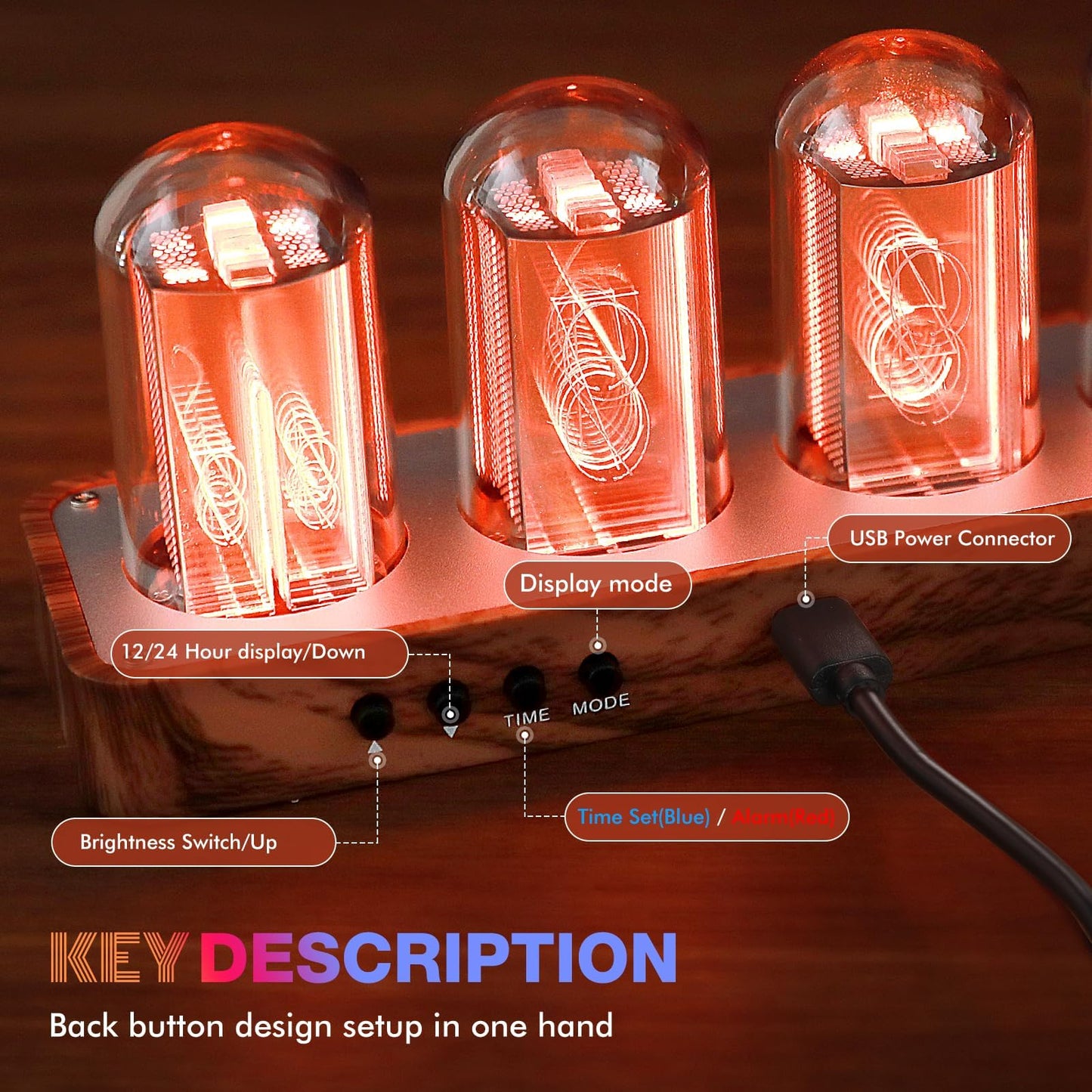 ClocTeck LED Nixie Clock, Digital Nixie Tube Clock, Nixie Tube Clock, Syncs with WiFi, Alarm and 12/24-hour display, no assembly required - A retro gift for friends.