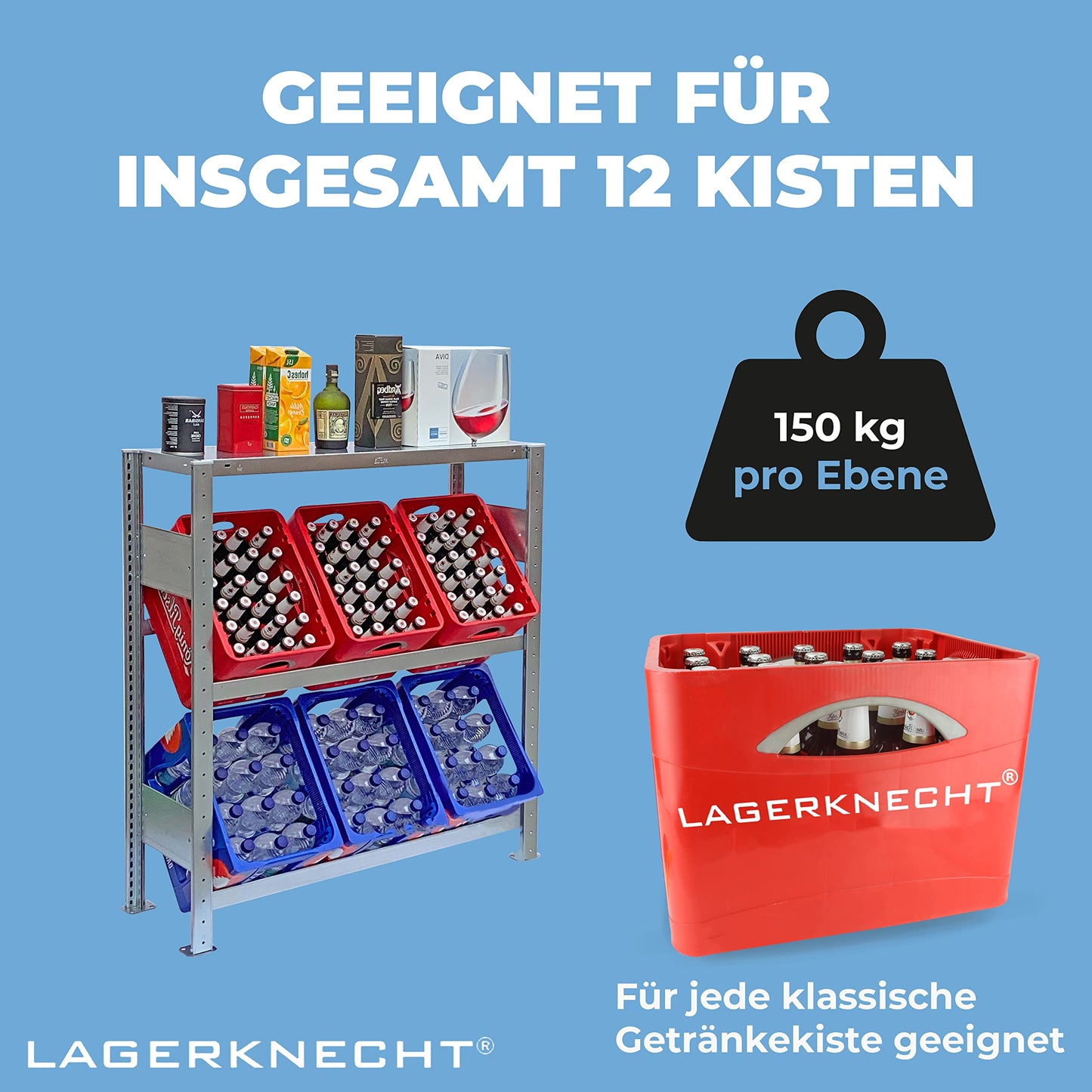 Warehouseman Beverage Crate Rack 6 Crates Made in Germany professional organization for crates Rack for beverage crates with shelf, drinks rack, water crate rack, beer crate rack