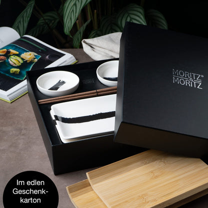 Moritz & Moritz 8-piece sushi tableware set for 2 people - sushi serving set with 2 sushi plates, dip bowls, and chopsticks.