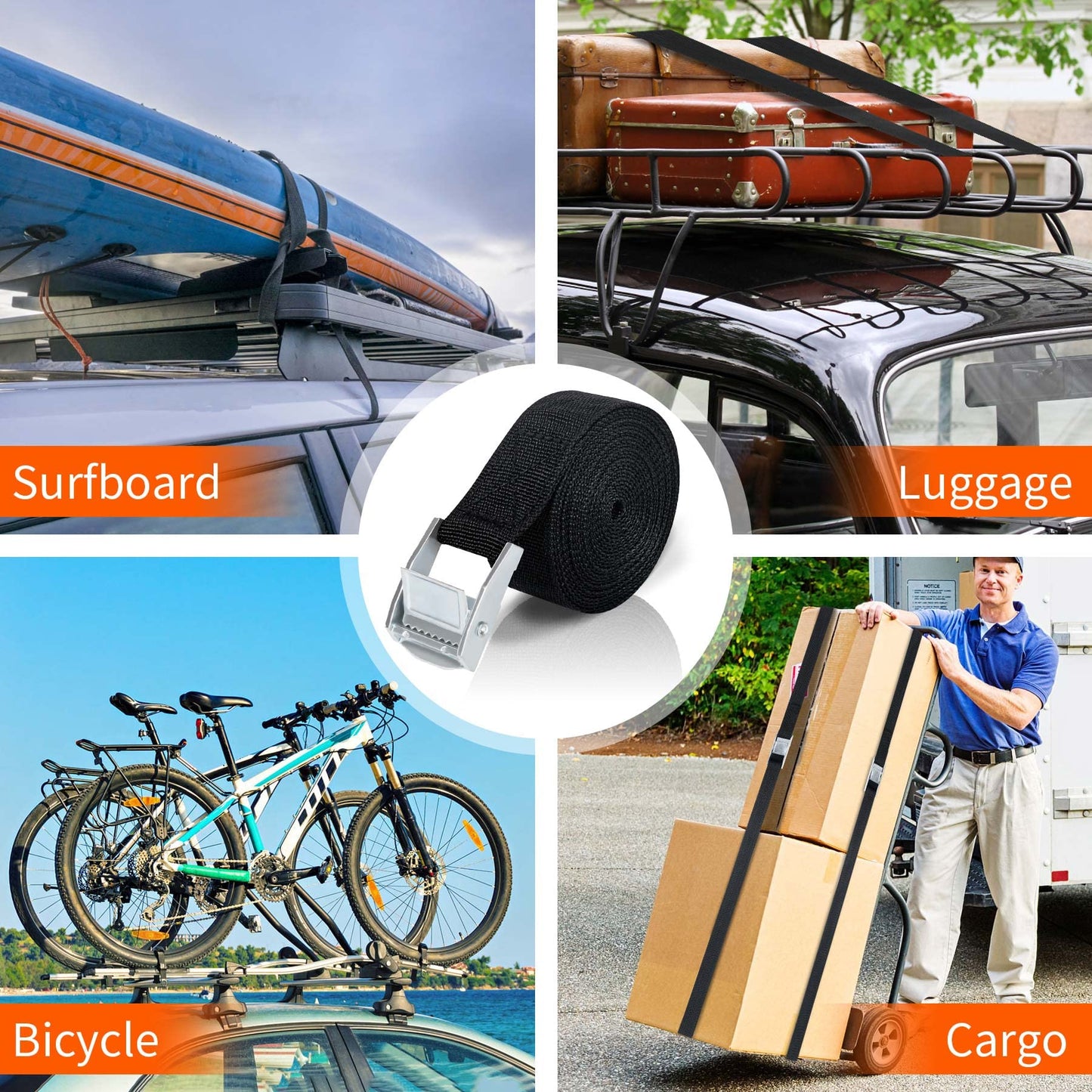 Ratchet tie-down straps, 2M, 5M, and 10M luggage carrier strap, Black fastening strap, Adjustable webbing straps with cam buckle for car, bicycle, hand truck, motorcycle, luggage, camping