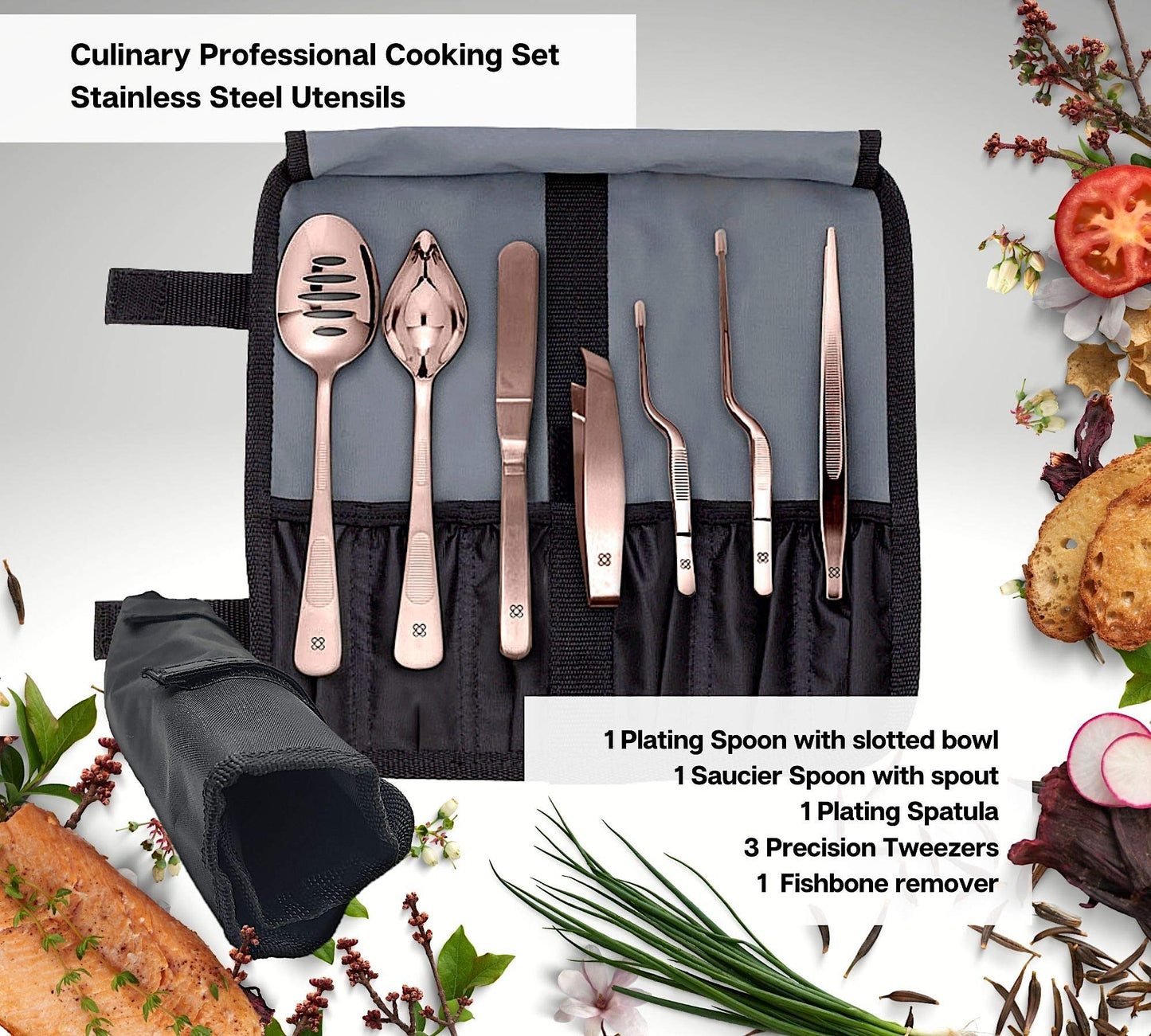 DOJA Barcelona | Kitchen Chef Cooking Utensils | Color: Copper | 7 Stainless Steel Plating Kit | Kitchen Tool Cooking Set | Decorative Garnishing Gadgets | Tweezers, Slotted, Spoon, Spatula...