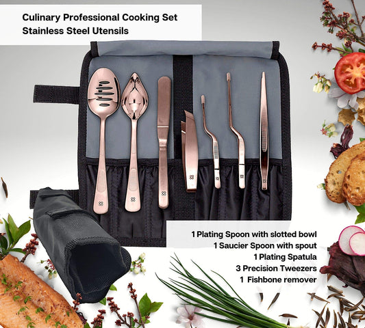 DOJA Barcelona | Kitchen Chef Cooking Utensils | Color: Copper | 7 Stainless Steel Plating Kit | Kitchen Tool Cooking Set | Decorative Garnishing Gadgets | Tweezers, Slotted, Spoon, Spatula...