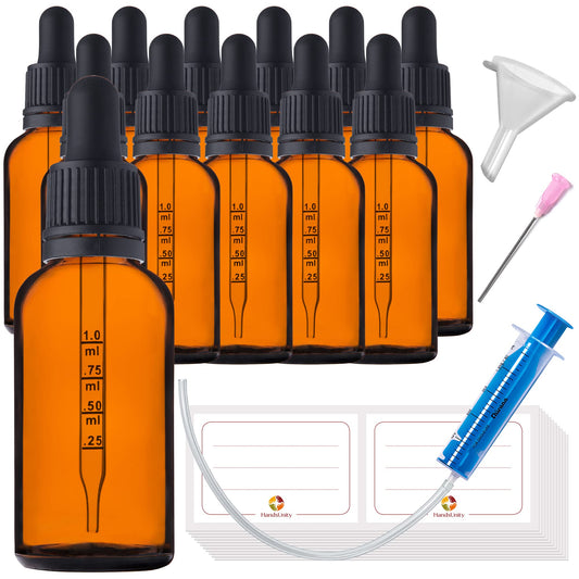 HandsUnity pipette bottle small glass bottle 30ml-12pcs - apothecary set made of amber glass with black pipette cap. Includes 29pcs of additional accessories. Amber glass bottles.