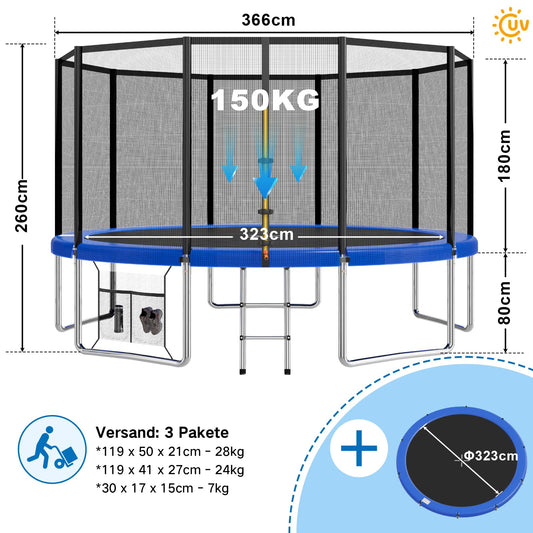 Devoko Trampoline Outdoor Ø 183/228/305/366/427 cm Indoor Trampoline Kids Garden Trampolines, Complete Set with Shoe Net, Ladder, Edge Cover, Safety Net, Weight Capacity 150 kg (Blue)