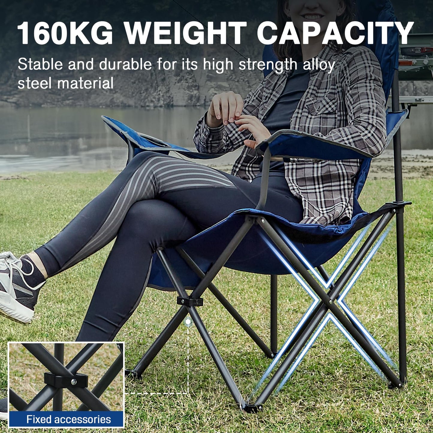 EVER ADVANCED Luxury Camping Chair Foldable 160KG Capacity Ultra Large with High Backrest, Comfortable Folding Chair with Side Pockets & Cup Holder for Camping Garden Balcony Fishing, Outdoor Chair Fishing Chair