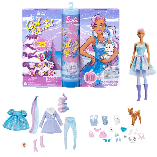 Barbie Color Reveal Advent Calendar includes 1 Color Reveal doll & 3 pets, clothing, accessories & 2 hair extensions, 25 surprises, perfect Christmas gifts for kids, HJD60.