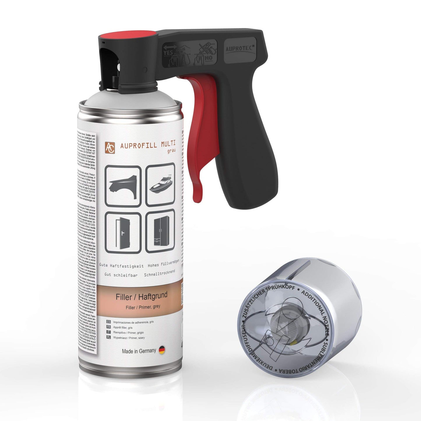 AUPROTEC Primer Filler AUPROFILL MULTI for car paint priming spray gray 12x 400ml + 1x Original gun handle