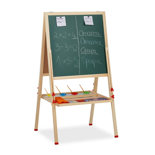 Relaxdays Kids Drawing Board, adjustable height & magnetic, Wood, Whiteboard & Chalkboard, 122-160 x 65 x 69 cm, Natural, Wood