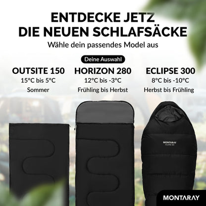 MONTARAY hooded sleeping bag rated down to -5°C with pillow included. Suitable for 3-4 seasons, this 280GSM sleeping bag is ideal for both winter and summer outdoor use. Designed for both men and women, it is warm and ultra-lightweight.