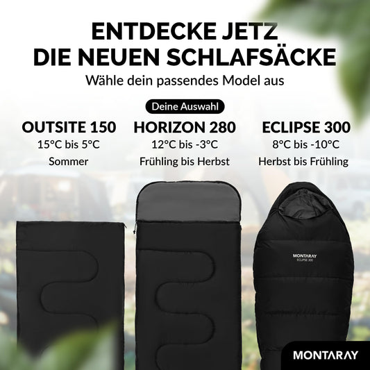 MONTARAY hooded sleeping bag rated down to -5°C with pillow included. Suitable for 3-4 seasons, this 280GSM sleeping bag is ideal for both winter and summer outdoor use. Designed for both men and women, it is warm and ultra-lightweight.