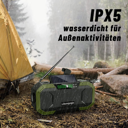 Libovgogo DF-580Pro 5000mAh hand-crank radio with phone charging function, solar, 7W IPX5 waterproof Bluetooth speaker, portable auto-scan AM/FM emergency radio with flashlight LED reading light for outdoor camping.