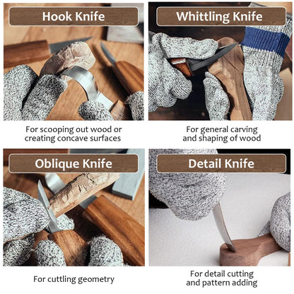 Mumisuto 15-piece wood carving knife set with 4 large wood carving knives & 6 detail knives & cut-resistant gloves, Carving DIY carving tool for beginners/professionals.