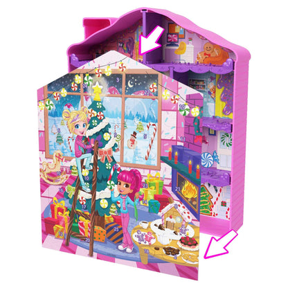 POLLY POCKET Advent Calendar House - 25 surprises, 2 dolls, 27 accessories, gingerbread house design, Christmas tree, skis, for kids ages 4 and up, HKW16