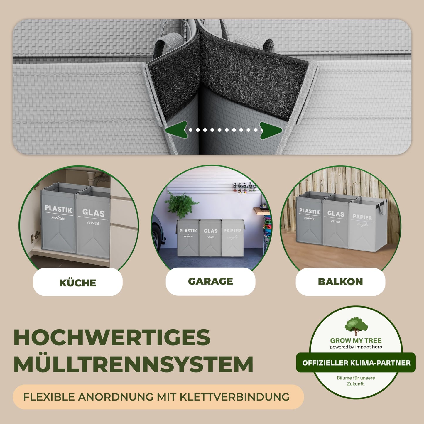 COTTARA® Waste Separation System 3-way Plastic, Glass, Paper | Stable Base with 4 Stabilizers | Ideal for separating waste, collecting deposit bottles, recycling bins, and paper collection | Gray