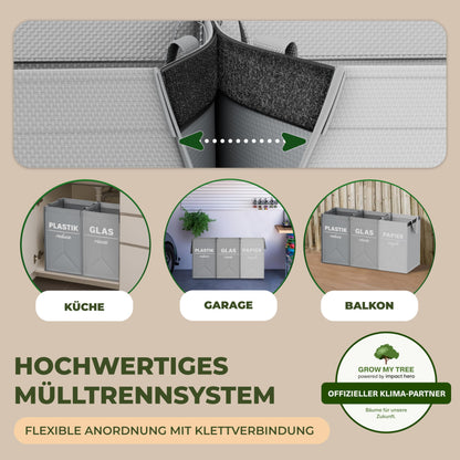 COTTARA® Waste Separation System 3-way Plastic, Glass, Paper | Stable Base with 4 Stabilizers | Ideal for separating waste, collecting deposit bottles, recycling bins, and paper collection | Gray