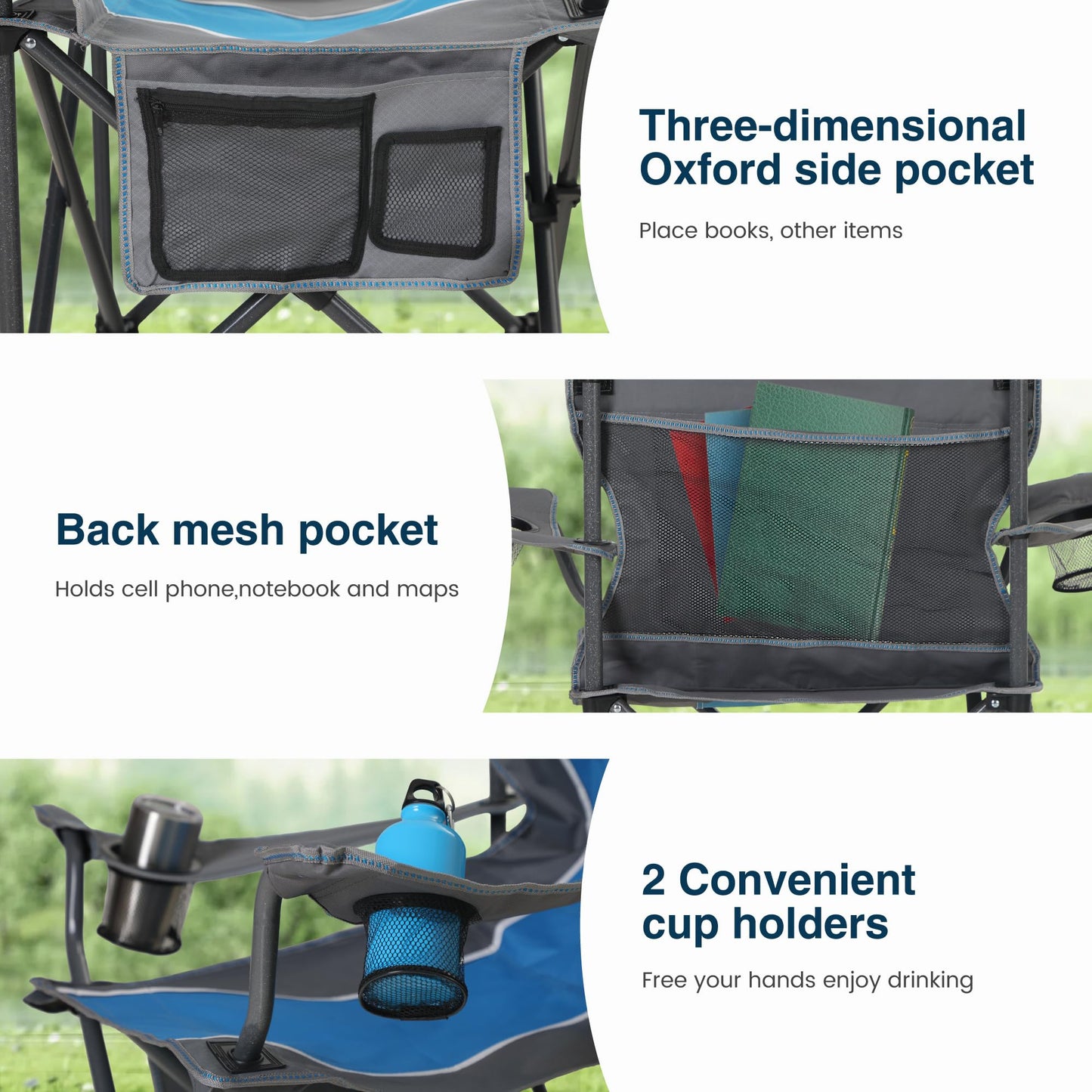 HIGH POINT SPORTS Folding Camping Chair, Fishing Chair, Foldable, Supports up to 160 kg, with Armrest, Drink Holder, Steel Frame, Portable Camp Chair, Blue.