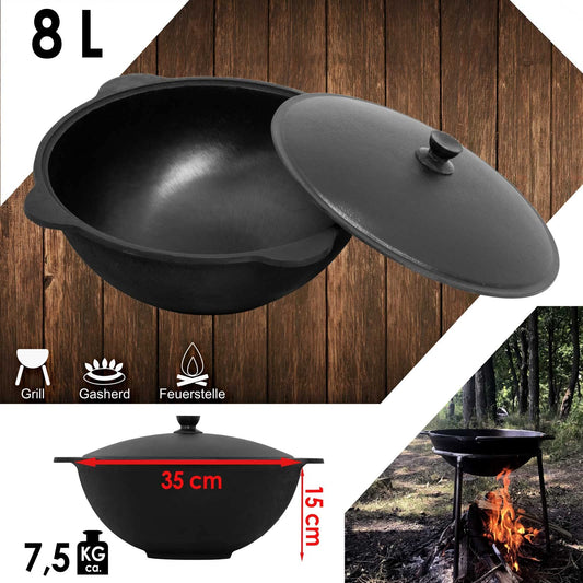 4BIG.fun Kazan made of cast iron 8 L with aluminum lid flat bottom Uzbek Swivel pot NAMANGAN Kasan Uzbek Asian WOK cast iron pot Grill wok