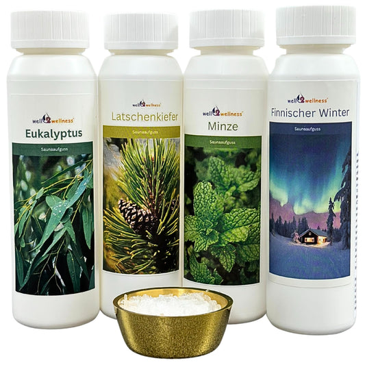 well2wellness® sauna infusion set 4 x 125 ml 'Classic 2' with eucalyptus, mountain pine, mint, Finnish winter + free 10g menthol crystals