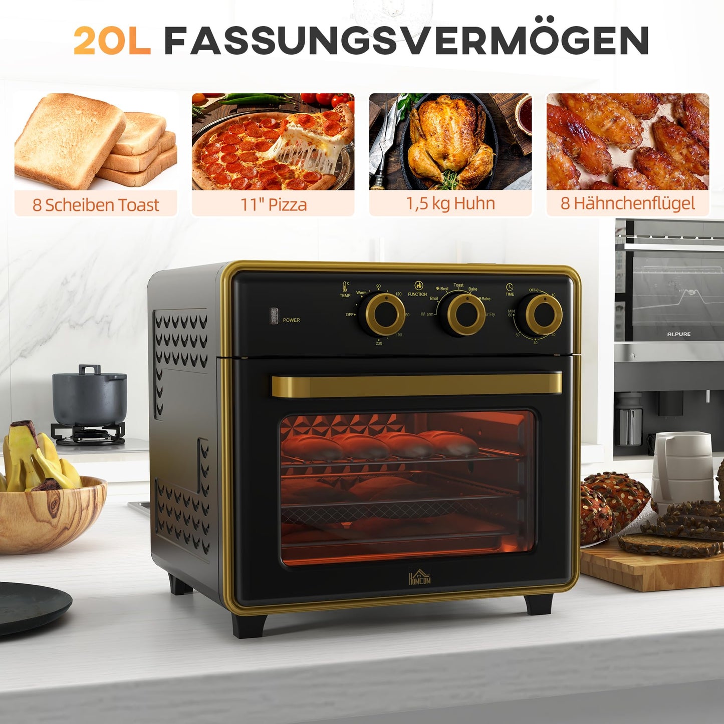 HOMCOM mini oven with convection 20L includes baking tray, grill rack, and crumb tray. Temperature range from 90°C to 230°C, 5 modes, fry basket, 60 min. timer, 1400W, metal construction.