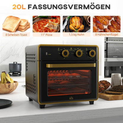 HOMCOM mini oven with convection 20L includes baking tray, grill rack, and crumb tray. Temperature range from 90°C to 230°C, 5 modes, fry basket, 60 min. timer, 1400W, metal construction.