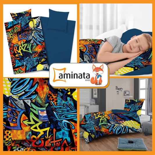 Aminata Kids microfiber bedding graffiti 135x200 girls boys teens with zipper - wrinkle-free - beneficial for allergy sufferers - colorful blue